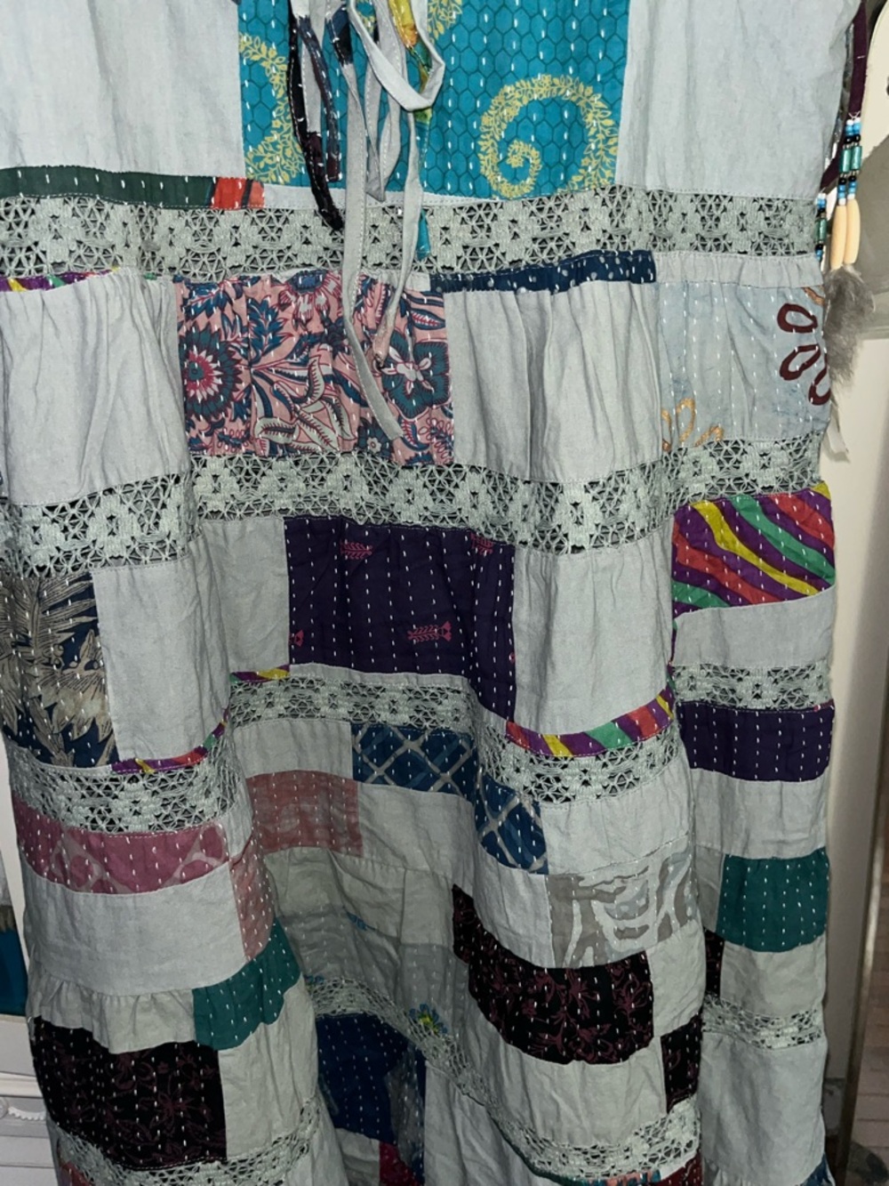 🎨Brand NWOT POL size Medium Mixed-Media Patchwork Tiered Maxi Dress - Picture 7 of 9